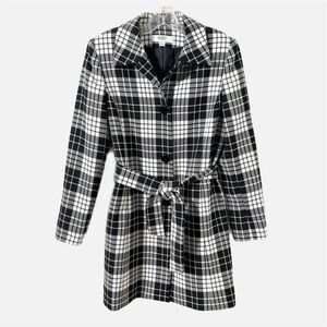 Le Suit Black White Plaid Button Front Trench Coat Self Tie Belt Pointed Collar